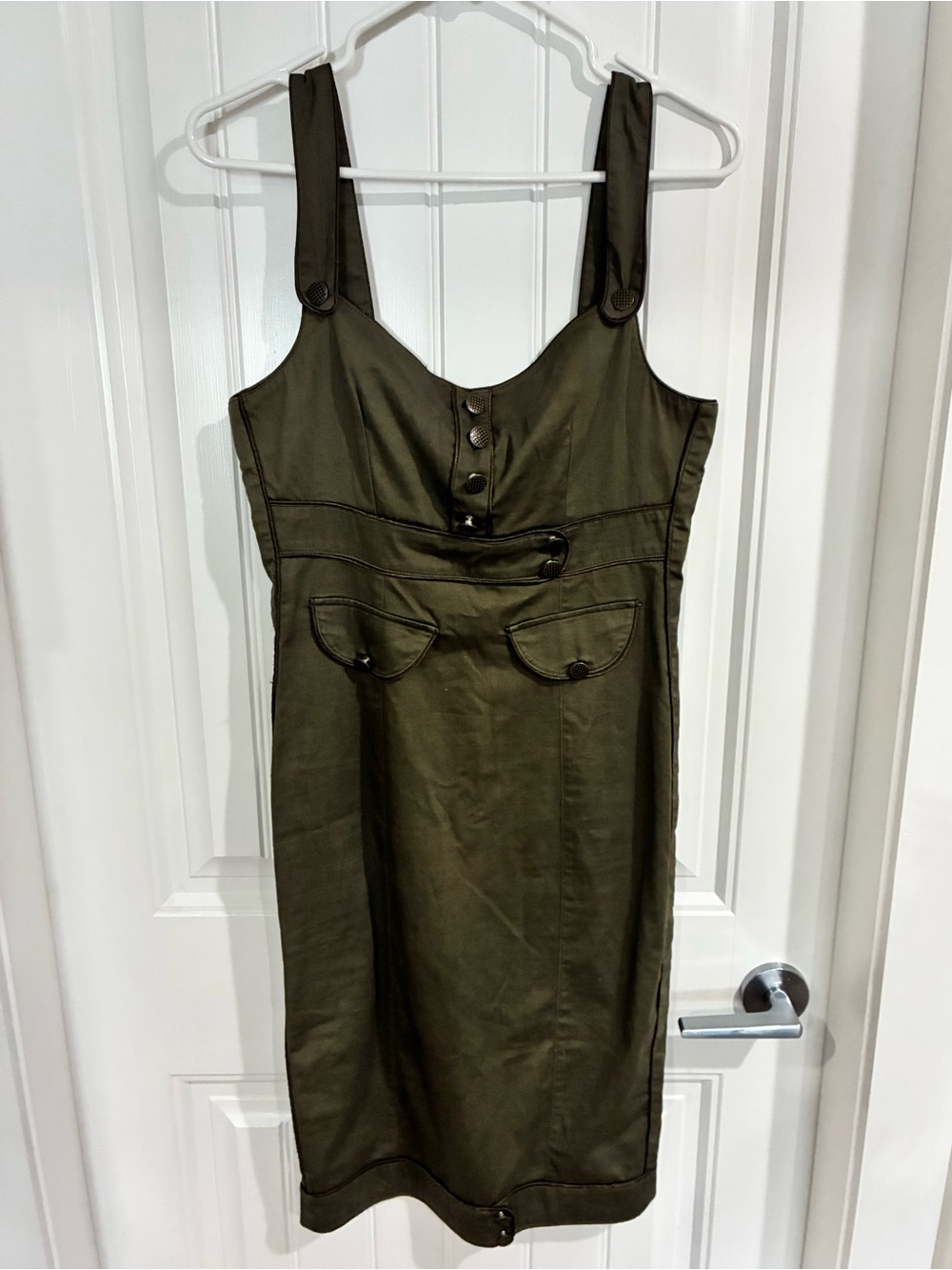 Living Dead Souls Sleeveless Olive Midi Dress with Button Accents
